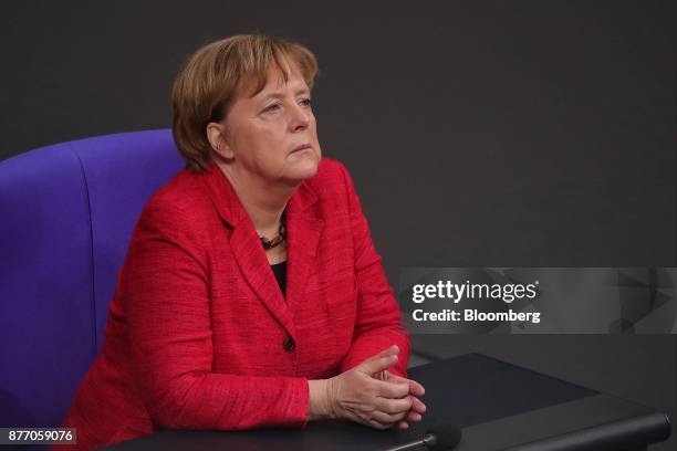 Angela Merkel, Germany's chancellor, looks on inside the lower-house of the German Parliament in Berlin, Germany, on Tuesday, Nov. 21, 2017. Merkel...