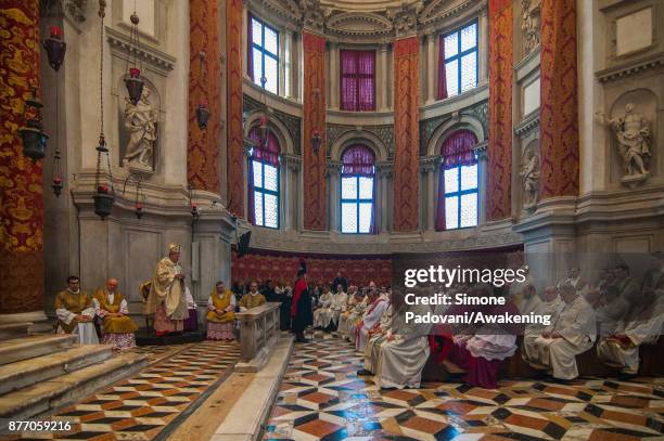 Priests and bishops attend the holy mass at the Madonna della Salute church on the day of the traditional Festa della Salute on November 21, 2017 in...