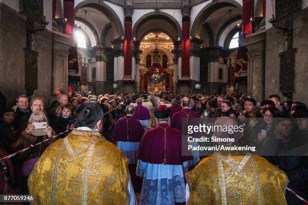 Priests and bishops attend the holy mass at the Madonna della Salute church on the day of the traditional Festa della Salute on November 21, 2017 in...