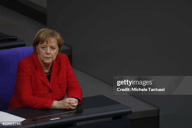 German Chancellor and leader of the German Christian Democrats Angela Merkel arrives at the Reichstag for the first session of the Bundestag, the...