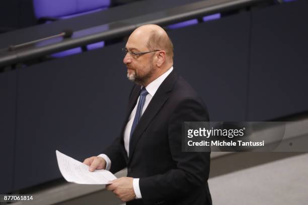 Martin Schulz, leader of the Social democrats party speaks for the first time during the first session of the Bundestag, the German parliament, since...