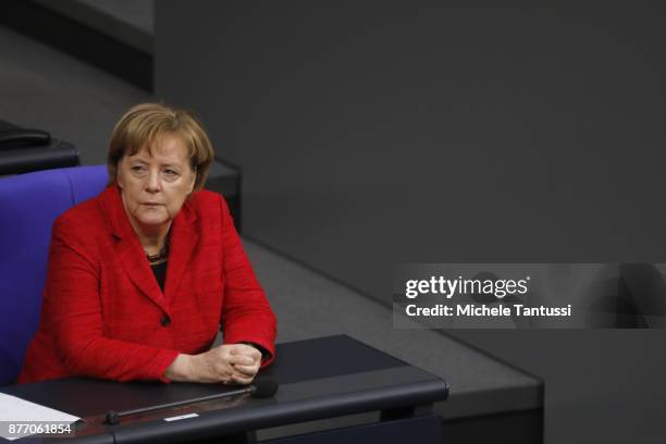 German Chancellor and leader of the German Christian Democrats Angela Merkel arrives at the Reichstag for the first session of the Bundestag, the...