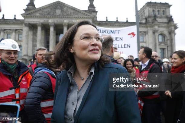 Andrea Nahles chief of the Bundestag social democrats SPD fraction attends a spontaneous protest of Siemens Workers outside the Bundestag on November...