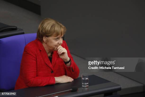 German Chancellor and leader of the German Christian Democrats Angela Merkel arrives at the Reichstag for the first session of the Bundestag, the...