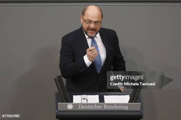 Martin Schulz, leader of the Social democrats party speaks for the first time during the first session of the Bundestag, the German parliament, since...