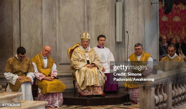 The Patriarch of Venice attend the holy mass at the Madonna della Salute church on the day of the traditional Festa della Salute on November 21, 2017...