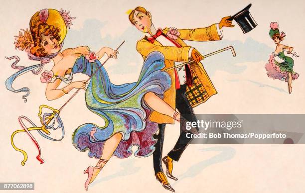 Saucy French postcard illustration featuring a dancing couple, both with riding crops, the man in top hat and a plaid-lined jacket and the...