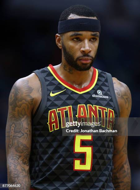 Malcolm Delaney of the Atlanta Hawks reacts during the first half of a game against the New Orleans Pelicans at the Smoothie King Center on November...