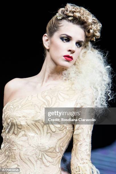 Model is seen during the Freestyle Club Farmaca International Luxus by Anteo Geminiani show at On Hair By Cosmoprof Autumn Edition on November 19,...