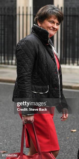 Democratic Unionist Party Leader Arlene Foster address the media in Downing Street on November 21, 2017 in London, England. Sinn Fein and DUP leaders...