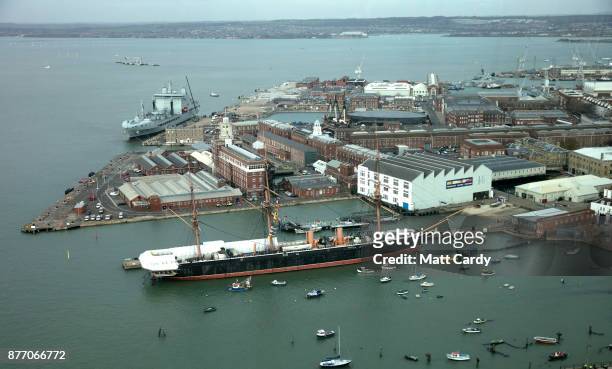 Portsmouth dockyard is pictured, on November 21, 2017 in Portsmouth, England. HMS Queen Elizabeth is the lead ship in the new Queen Elizabeth class...