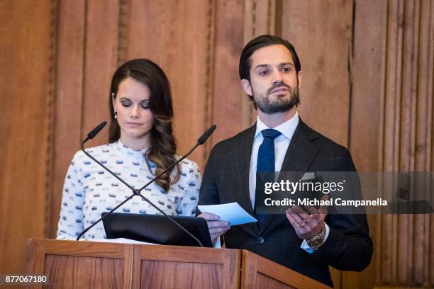 Princess Sofia of Sweden and Prince Carl Phillip of Sweden attend a symposium on "Dyslexialand" at the Royal Palace on November 21, 2017 in...