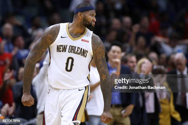 DeMarcus Cousins of the New Orleans Pelicans reacts during the first half of a game against the Atlanta Hawks at the Smoothie King Center on November...