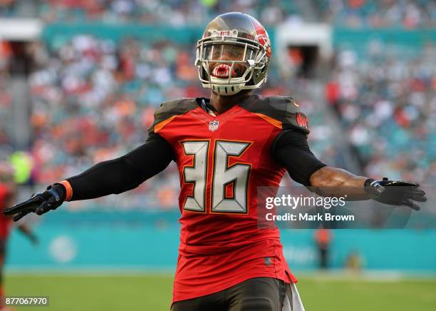 Robert McClain of the Tampa Bay Buccaneers celebrates in the third quarter against the Miami Dolphins at Hard Rock Stadium on November 19, 2017 in...