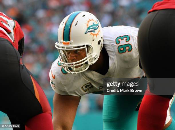 Ndamukong Suh of the Miami Dolphins lines up in the fourth quarter against the Tampa Bay Buccaneers at Hard Rock Stadium on November 19, 2017 in...