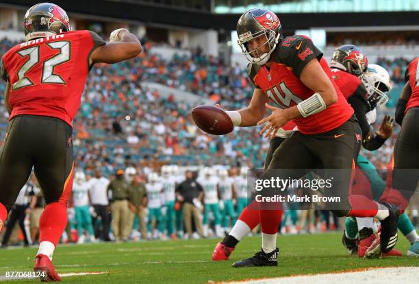 Ryan Fitzpatrick of the Tampa Bay Buccaneers hands off to Doug Martin during the fourth quarter against the Miami Dolphins at Hard Rock Stadium on...