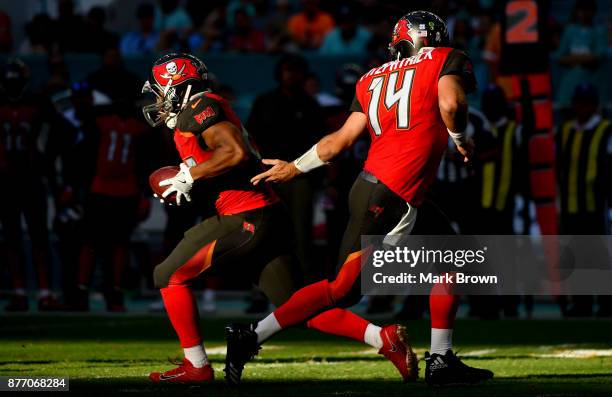 Ryan Fitzpatrick of the Tampa Bay Buccaneers hands off to Doug Martin during the fourth quarter against the Miami Dolphins at Hard Rock Stadium on...