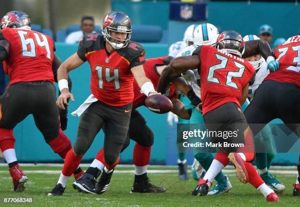 Ryan Fitzpatrick of the Tampa Bay Buccaneers hands off to Doug Martin during the third quarter against the Miami Dolphins at Hard Rock Stadium on...