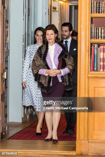 Queen Silvia of Sweden, Princess Sofia of Sweden, and Prince Carl Phillip of Sweden attend a symposium on "Dyslexialand" at the Royal Palace on...
