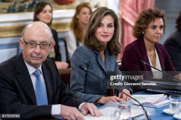 Cristobal Montoro , Queen Letizia of Spain and Dolors Monserrat attend 'Reina Letizia' awards at El Pardo Palace on November 21, 2017 in Madrid,...