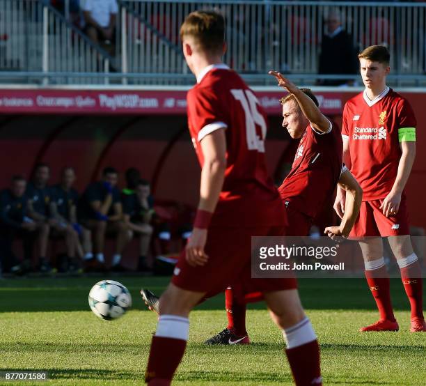 Herbie Kane of Liverpool U19 scoring a free kick during the UEFA Champions League group E match between Sevilla FC U19 and Liverpool FC U19 at...