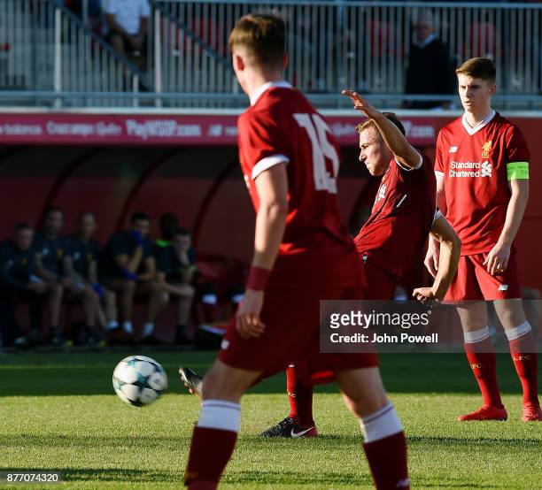 Herbie Kane of Liverpool U19 scoring a free kick during the UEFA Champions League group E match between Sevilla FC U19 and Liverpool FC U19 at...