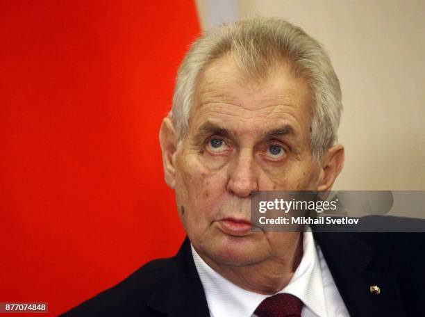 Czech President Milos Zeman talks during Russian-Czech talks at Black Sea resort state residence of Bocharov ruchey on November 21, 2017 in Sochi,...