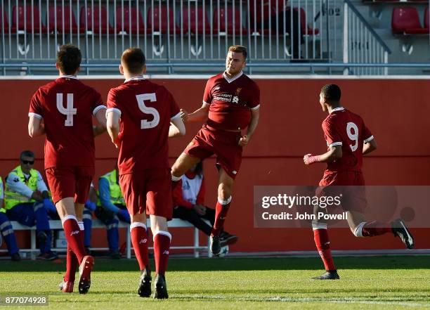 Herbie Kane of Liverpool U19 celebrates after scoring during the UEFA Champions League group E match between Sevilla FC U19 and Liverpool FC U19 at...