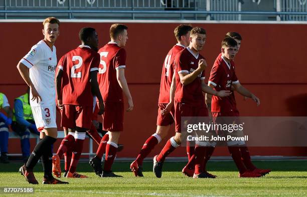 Herbie Kane of Liverpool U19 celebrates after scoring during the UEFA Champions League group E match between Sevilla FC U19 and Liverpool FC U19 at...