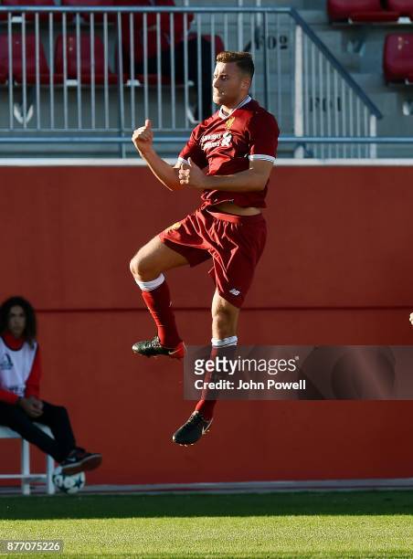 Herbie Kane of Liverpool U19 celebrates after scoring during the UEFA Champions League group E match between Sevilla FC U19 and Liverpool FC U19 at...