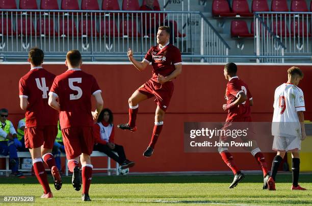 Herbie Kane of Liverpool U19 celebrates after scoring during the UEFA Champions League group E match between Sevilla FC U19 and Liverpool FC U19 at...