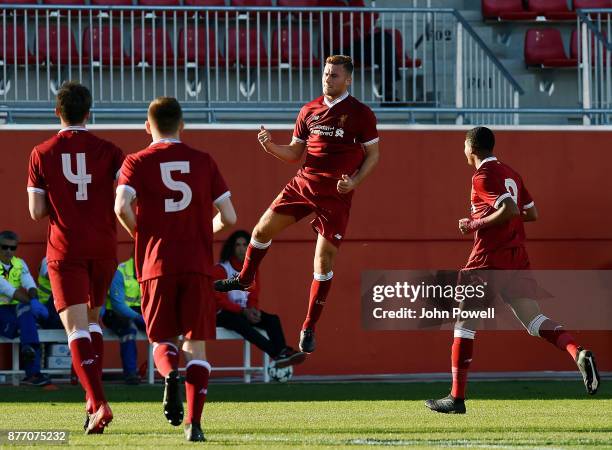 Herbie Kane of Liverpool U19 celebrates after scoring during the UEFA Champions League group E match between Sevilla FC U19 and Liverpool FC U19 at...