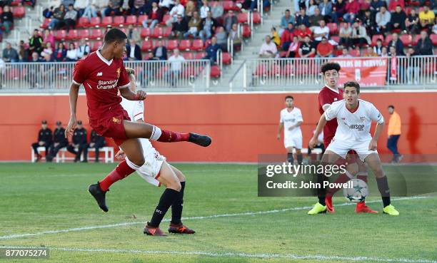 Rhian Brewster of Liverpool U19 scores the thrid during the UEFA Champions League group E match between Sevilla FC U19 and Liverpool FC U19 at...