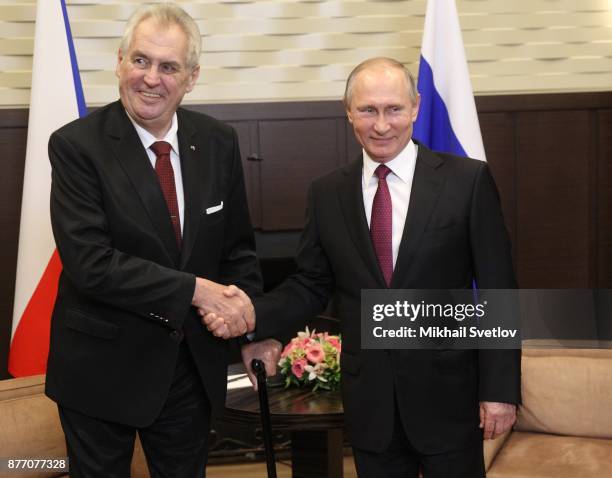 Russian President Vladimir Putin shakes hands with Czech President Milos Zeman during their talks at Black Sea resort state residence of Bocharov...