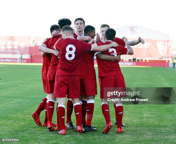 Rhian Brewster of Liverpool U19 celebrates after scoring the thrid during the UEFA Champions League group E match between Sevilla FC U19 and...