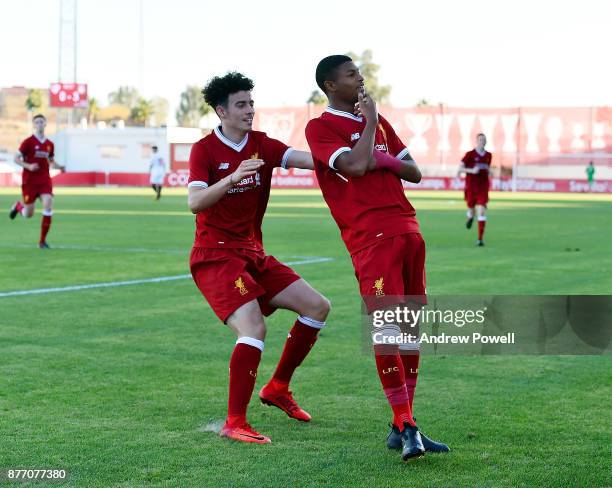 Rhian Brewster of Liverpool U19 celebrates after scoring the thrid during the UEFA Champions League group E match between Sevilla FC U19 and...