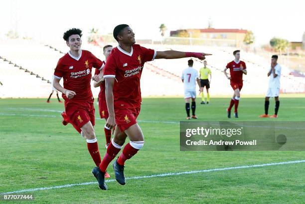 Rhian Brewster of Liverpool U19 celebrates after scoring the thrid during the UEFA Champions League group E match between Sevilla FC U19 and...