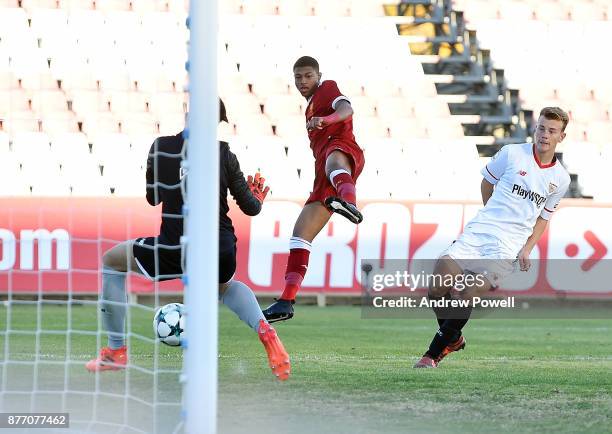 Rhian Brewster of Liverpool U19 scores the thrid during the UEFA Champions League group E match between Sevilla FC U19 and Liverpool FC U19 at...
