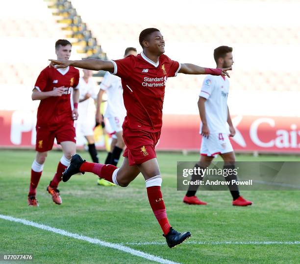 Rhian Brewster of Liverpool U19 celebrates after scoring the thrid during the UEFA Champions League group E match between Sevilla FC U19 and...