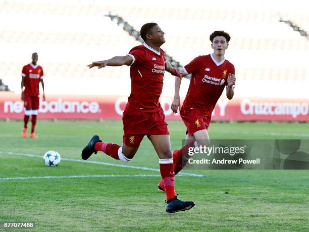 Rhian Brewster of Liverpool U19 celebrates after scoring the thrid during the UEFA Champions League group E match between Sevilla FC U19 and...