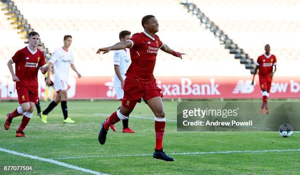 Rhian Brewster of Liverpool U19 celebrates after scoring the thrid during the UEFA Champions League group E match between Sevilla FC U19 and...