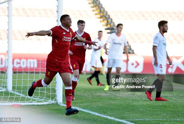 Rhian Brewster of Liverpool U19 celebrates after scoring the thrid during the UEFA Champions League group E match between Sevilla FC U19 and...
