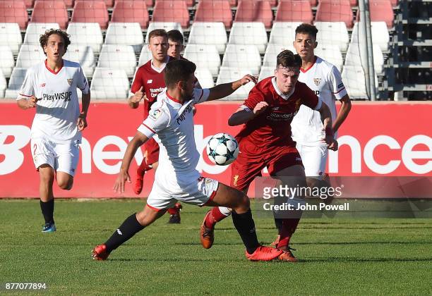 Liam Millar of Liverpool U19 competes with Mario Espinar Lerida of Sevilla FC U19 during the UEFA Champions League group E match between Sevilla FC...