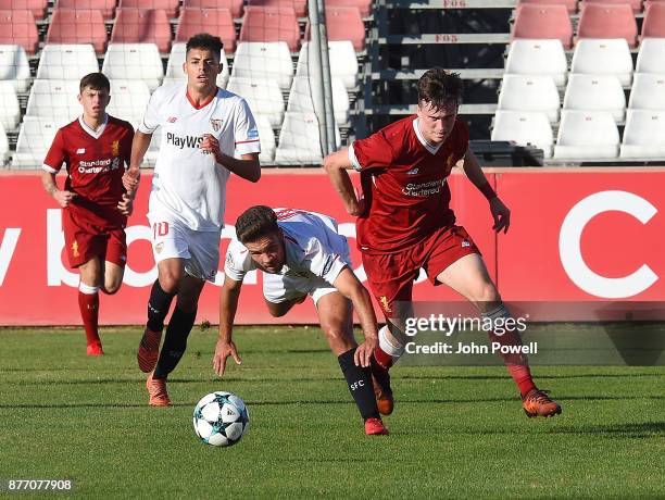 Liam Millar of Liverpool U19 competes with Mario Espinar Lerida of Sevilla FC U19 during the UEFA Champions League group E match between Sevilla FC...