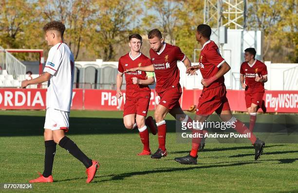 Herbie Kane of Liverpool U19 celebrates after scoring during the UEFA Champions League group E match between Sevilla FC U19 and Liverpool FC U19 at...