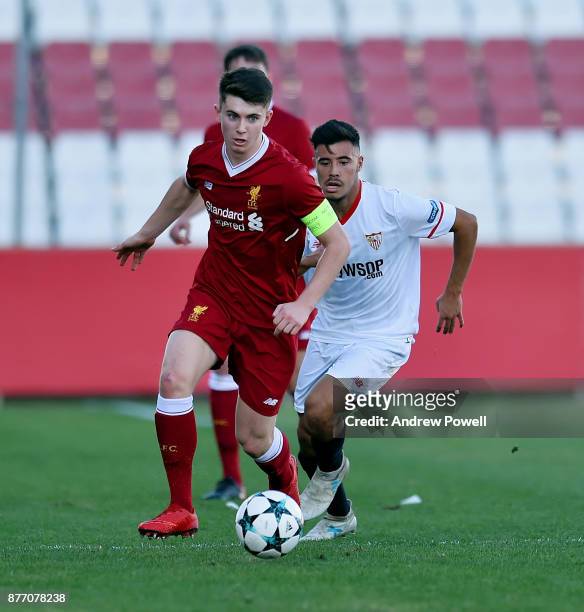Ben Woodburn of Liverpool U19 powers through during the UEFA Champions League group E match between Sevilla FC U19 and Liverpool FC U19 at Estadio...