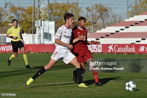 Rhian Brewster of Liverpool U19 competes with Enrique Rios of Sevilla FC U19 during the UEFA Champions League group E match between Sevilla FC U19...