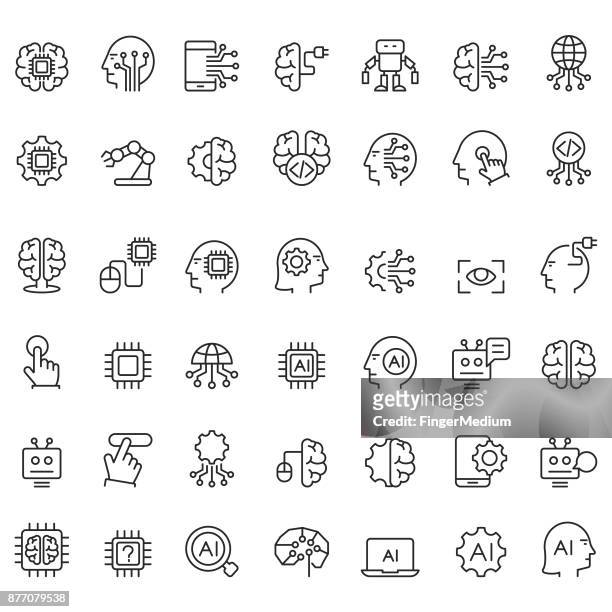 illustrazioni stock, clip art, cartoni animati e icone di tendenza di set di icone di intelligenza artificiale - chip del computer