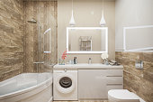 3d illustration of the interior of the bathroom in a modern style with a corner bath. Render interior design is executed in beige and white color