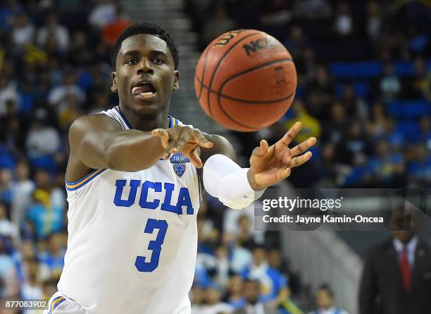 Aaron Holiday of the UCLA Bruins passes the ball during the game against the South Carolina State Bulldogs at Pauley Pavilion on November 17, 2017 in...